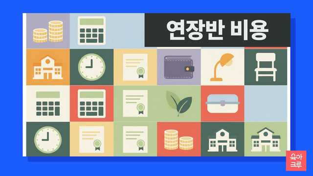 동전 더미와 계산기, 시계, 어린이집 건물을 그린 플랫 일러스트