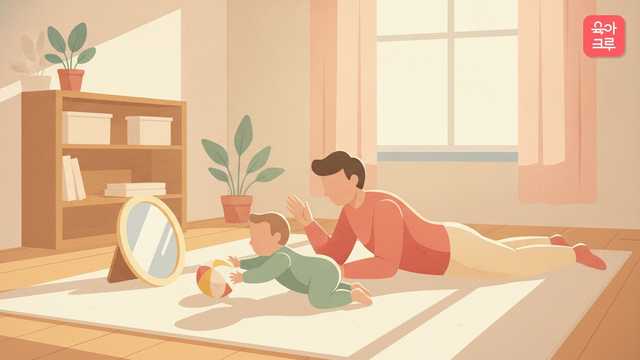 엎드린 6개월 아기가 앞에 놓인 공에 손을 뻗고 곁에 아기용 거울이 있는 그림