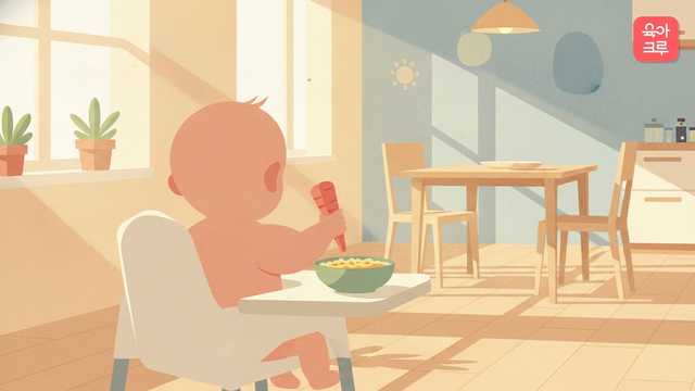 생후 9개월 아기가 밝은 부엌에서 아기 의자에 앉아 잘게 다진 고기가 든 이유식을 손으로 집는 장면