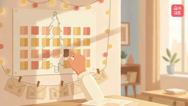 크리스마스 트리 그림 위 작은 종이 문 24칸 중 하나를 여는 아이 손