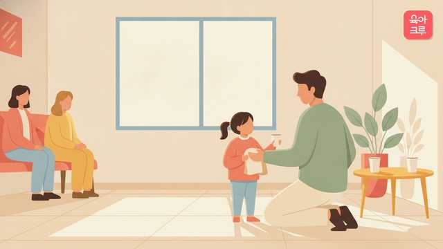 치과 진료를 마치고 나온 아이와 보호자를 그린 일러스트