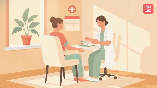 AMH 검사 시기 글 커버 — 병원 채혈실에서 간호사가 검사 준비를 하는 동안 의자에 앉아 기다리는 여성