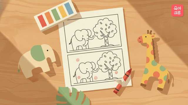 코끼리와 나무가 그려진 선 그림 두 장이 위아래로 놓이고 빨간 크레용으로 다른 곳에 동그라미를 친 동물 틀린그림찾기 도안
