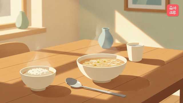 콩나물국 그릇이 놓인 식탁 그림