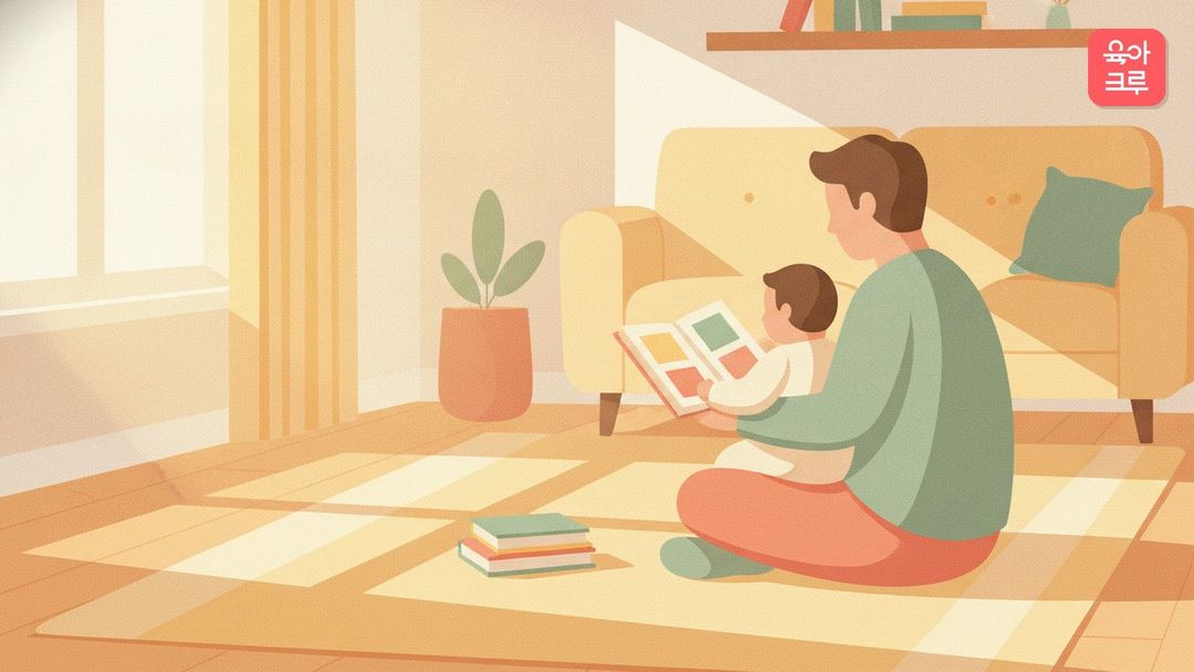 햇살 드는 거실 러그 위에서 두꺼운 그림책을 펼친 아기와 부모 뒷모습 일러스트