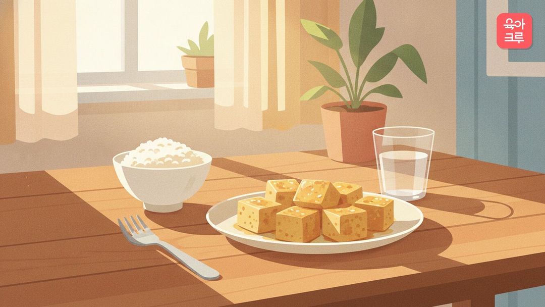 두부조림 그릇이 놓인 식탁 그림