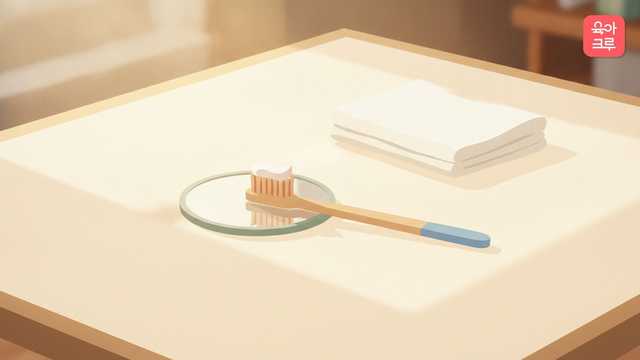 작은 유아용 칫솔과 쌀알만큼 짠 치약, 작은 거울이 놓인 그림