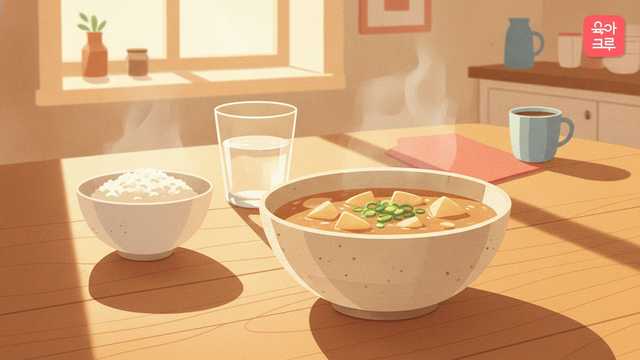 된장찌개 그릇이 놓인 식탁 그림