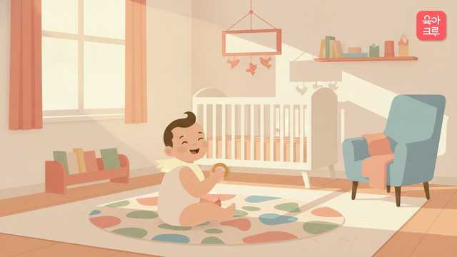 턱받이를 한 아기가 치발기를 쥐고 웃는 모습 일러스트