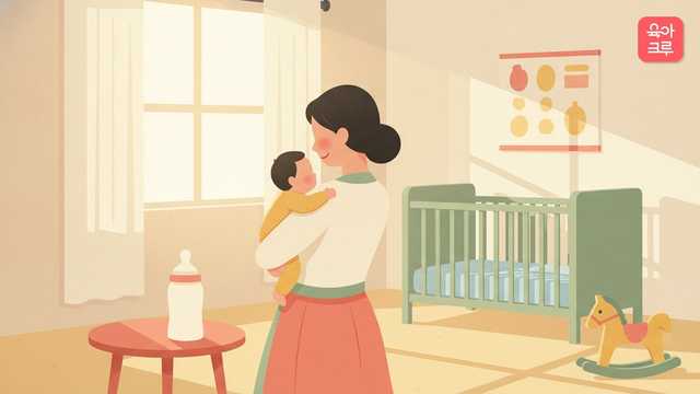 수유 후 아기를 세워 안은 엄마와 평평한 아기침대