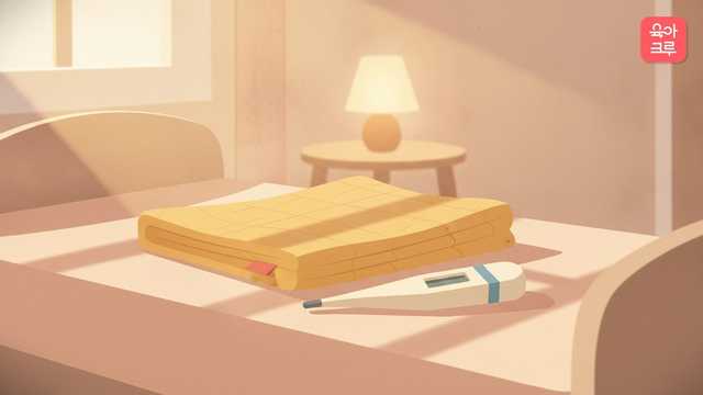 아기 침대 매트 위에 놓인 체온계와 접힌 니트 담요 일러스트