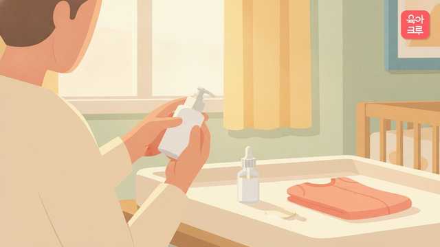 아기 옷 위에 놓인 라벨 없는 오일 병과 성분표를 살펴보는 부모의 손 그림
