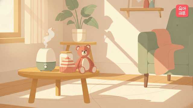 가습기와 털모자, 곰 인형, 크림통이 놓인 아기방 일러스트