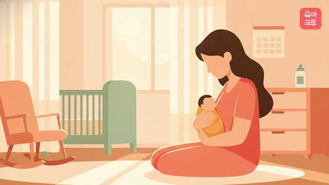 아기방에서 아주 작은 신생아를 감싸 안은 엄마 일러스트