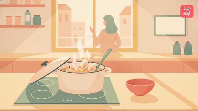 냄비에서 입을 벌리며 익는 조개와 옆에 놓인 그릇 일러스트