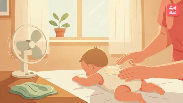얇은 면 내의를 입은 아기 등에 젤을 얇게 펴 바르는 부모의 손 그림