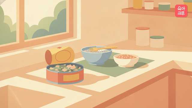 참치캔과 체, 포크가 놓인 조리대와 아기 밥그릇 일러스트