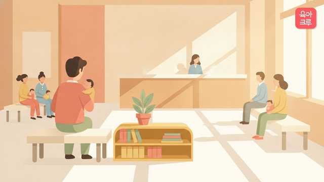 밝은 소아과 대기 공간에서 보호자가 아기를 안고 낮은 벤치에 앉아 있는 모습