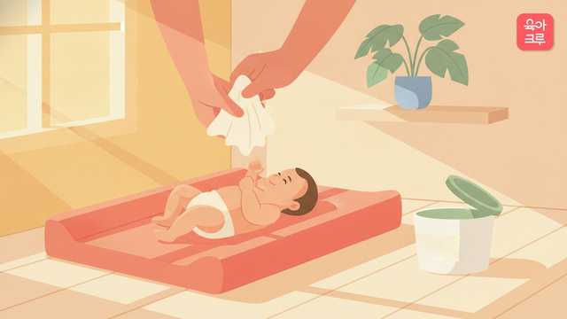 기저귀 갈이 매트 위 아기 옆에서 부모가 물티슈 한 장을 들고 있는 일러스트