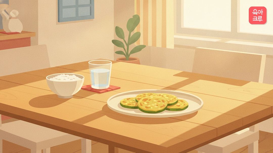 애호박전 그릇이 놓인 식탁 그림