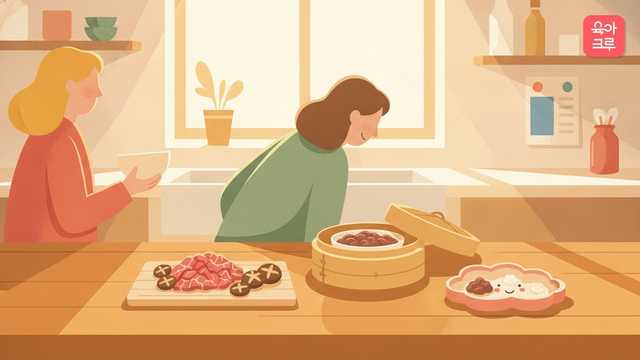 도마 위 다진 소고기와 표고버섯