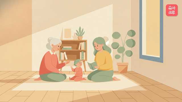 할머니와 엄마 사이에서 두 사람의 말을 듣는 아이 일러스트