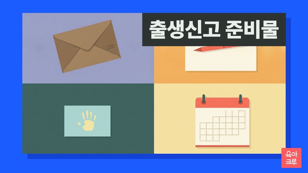 출생신고 준비물 일러스트, 서류 봉투와 펜, 아기 손도장 카드와 달력