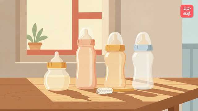 창가 나무 식탁 위에 입구 넓이와 색이 서로 다른 젖병 네 개와 젖병 솔이 나란히 놓인 그림