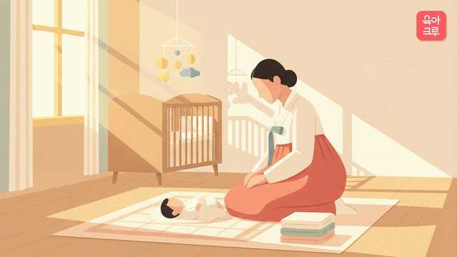 밝은 아기방에서 기저귀를 갈며 아기를 바라보는 엄마