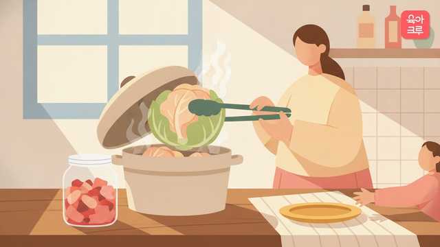 찜기에서 부드럽게 익은 양배추 잎