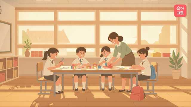 교실에서 아이들이 책상에 둘러앉아 활동하고 선생님이 옆에서 돕는 초등 돌봄교실 그림