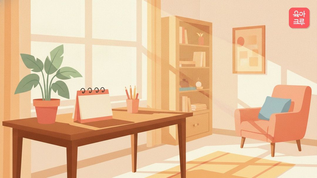 창가 책상 위에 놓인 탁상 달력과 연필꽂이, 작은 화분이 있는 밝은 방
