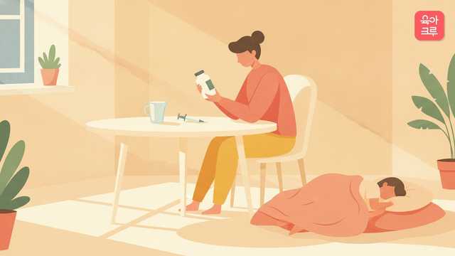 아이 감기약 설명서를 확인하는 부모 일러스트