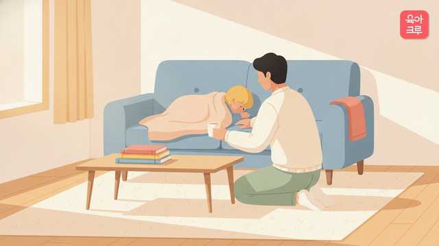 햇빛이 드는 거실에서 담요를 덮고 누운 아이 곁에 보호자가 앉아 살피는 모습