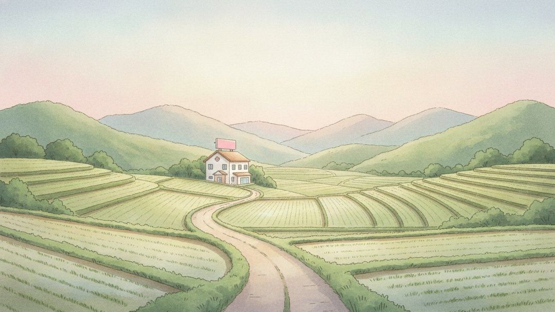 논과 산 사이로 난 시골길 끝에 작은 병원 건물이 있는 수채화 일러스트