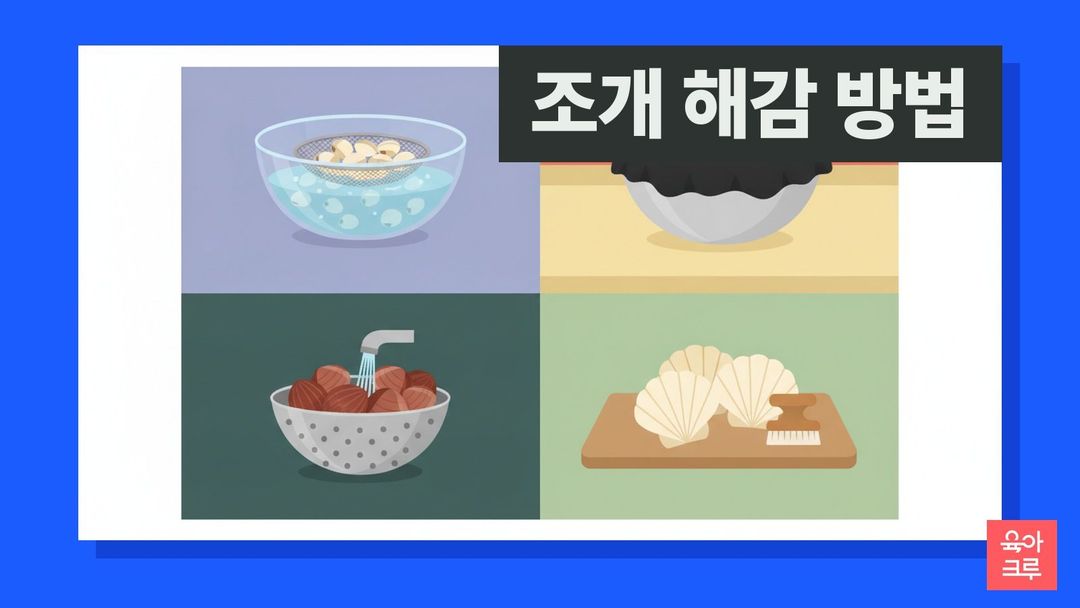 조개 해감 방법 일러스트, 소금물 볼에 담긴 바지락과 덮개, 채반 위의 조개