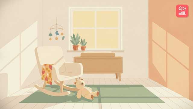 아침 햇살이 드는 아기방의 흔들의자와 거즈 손수건 — 구순구개열 안내