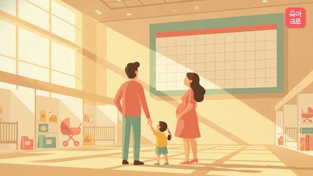 큰 전시장 안 빈 달력 판 앞에서 일정을 살펴보는 임신부와 아이 손을 잡은 가족 일러스트