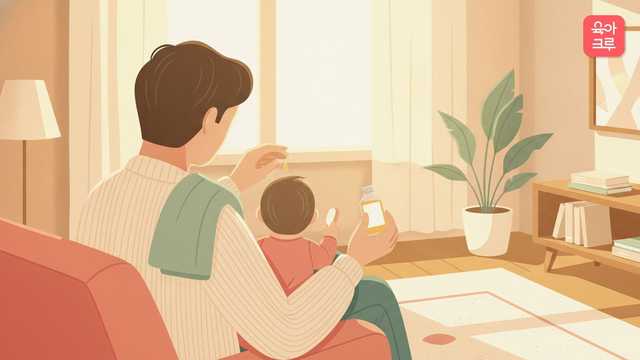 아기를 무릎에 안고 정수리에 오일을 바른 뒤 부드러운 빗으로 빗어 주는 부모의 손 그림