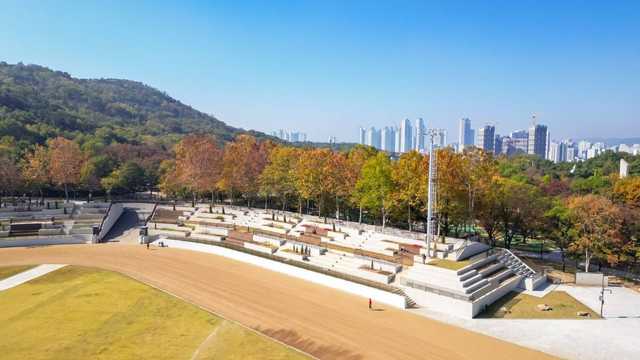 가을 단풍이 든 나무로 둘러싸인 대구 두류공원 전경