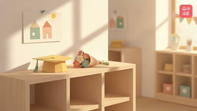 어린이집 졸업시기를 떠올리게 하는 종이 학사모와 꽃다발 그림