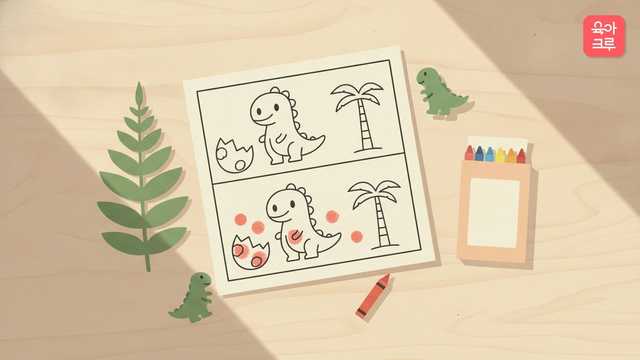아기 공룡과 알, 야자나무가 그려진 선 그림 두 장이 위아래로 놓이고 빨간 크레용으로 다른 곳을 표시한 공룡 틀린그림찾기 도안