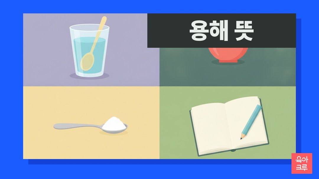용해 뜻 일러스트, 설탕물 유리컵과 각설탕, 숟가락과 공책