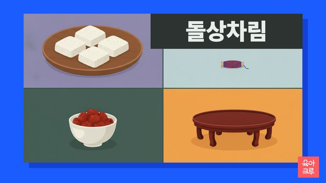 나무 접시 위의 하얀 설기떡, 색실 타래, 그릇에 담긴 대추, 둥근 나무 상이 칸마다 놓인 일러스트
