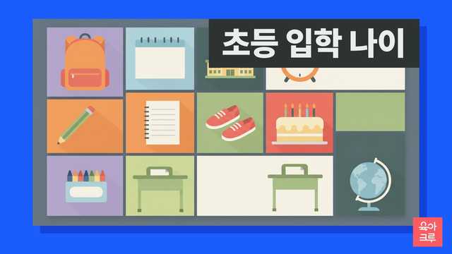 책가방, 달력, 연필, 학교 건물이 격자로 배치된 초등학교 입학 나이 그림