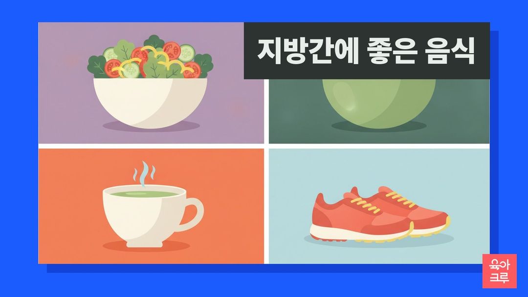 채소 샐러드, 잡곡, 녹차, 운동화가 그려진 지방간에 좋은 음식 안내 그리드 그림