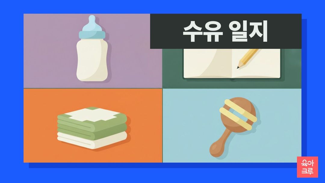 눈금 없는 젖병, 빈 공책과 연필, 접어 둔 천, 나무 딸랑이가 칸마다 놓인 일러스트