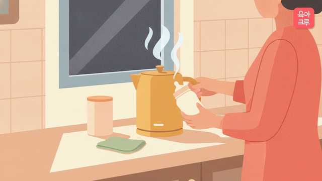 밤에 부엌에서 부모가 분유포트 앞에서 젖병에 물을 받는 일러스트