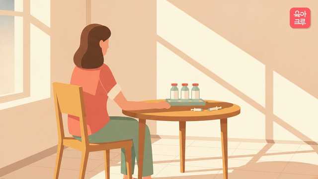 산모가 밝은 진료실에서 채혈 검사를 준비하며 앉아 있는 모습
