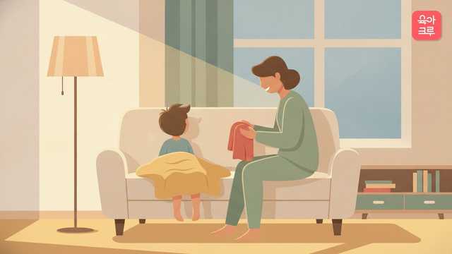 소파에서 담요를 덮은 아이 곁에 앉아 따뜻한 수건을 든 부모 일러스트